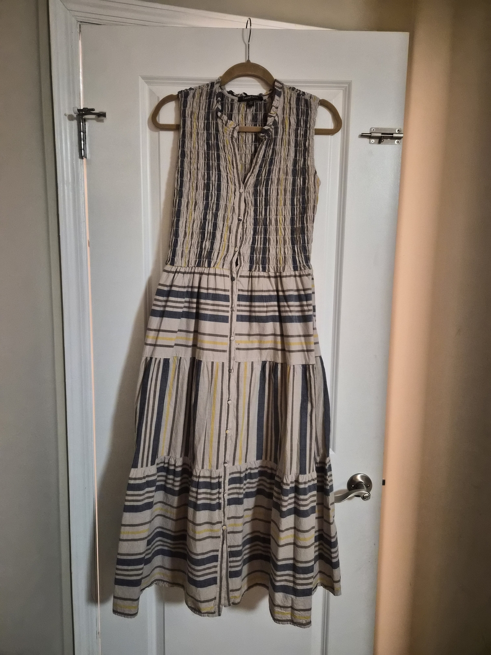 Striped Sleeveless Tiered Maxi Dress in Tan/taupe, Yellow and Blue